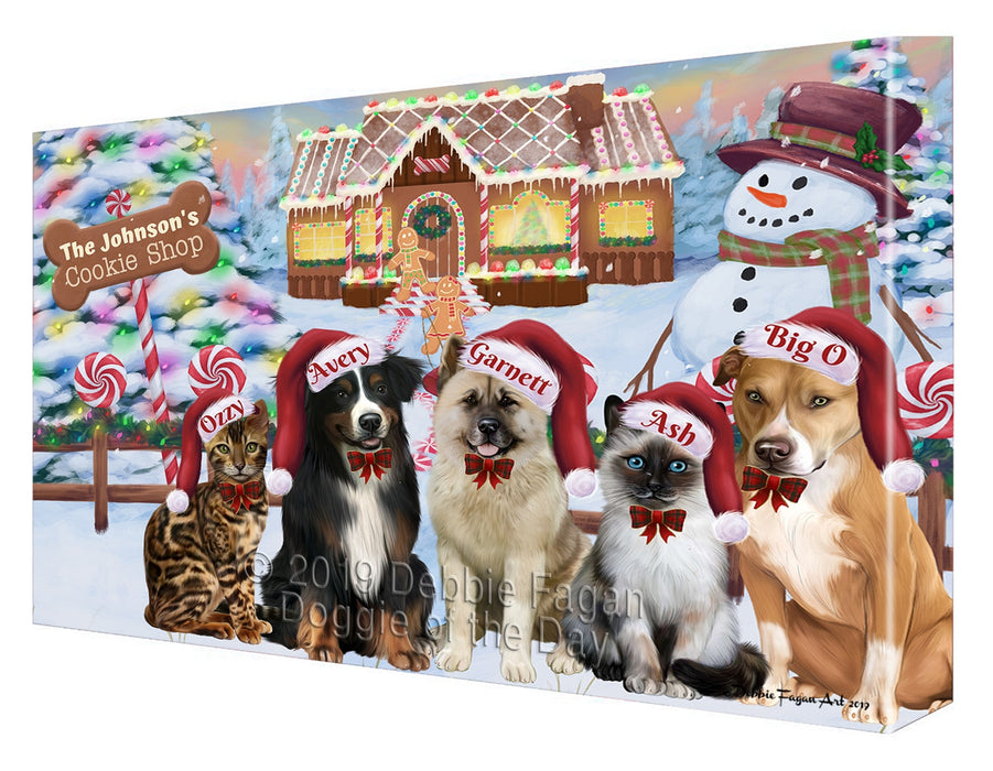 Custom Personalized Cartoonish Pet Photo and Name on Canvas Print Wall Art in Gingerbread Cookie Shop Background