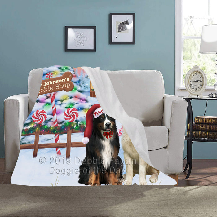 Custom Personalized Cartoonish Pet Photo and Name on Blanket in Gingerbread Cookie Shop Background