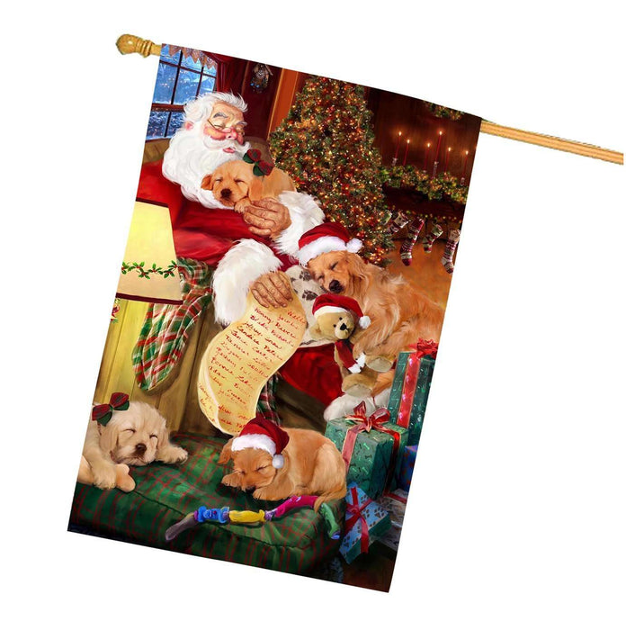 Golden Retriever Dog and Puppies Sleeping with Santa House Flag