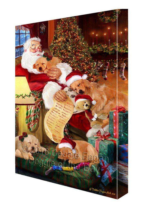 Golden Retriever Dog and Puppies Sleeping with Santa Painting Printed on Canvas Wall Art