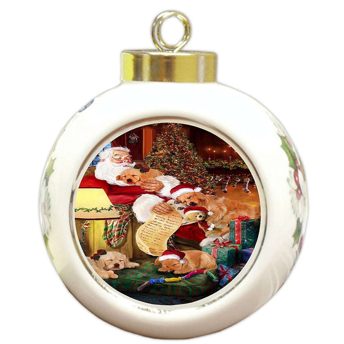 Golden Retriever Dog and Puppies Sleeping with Santa Round Ball Christmas Ornament