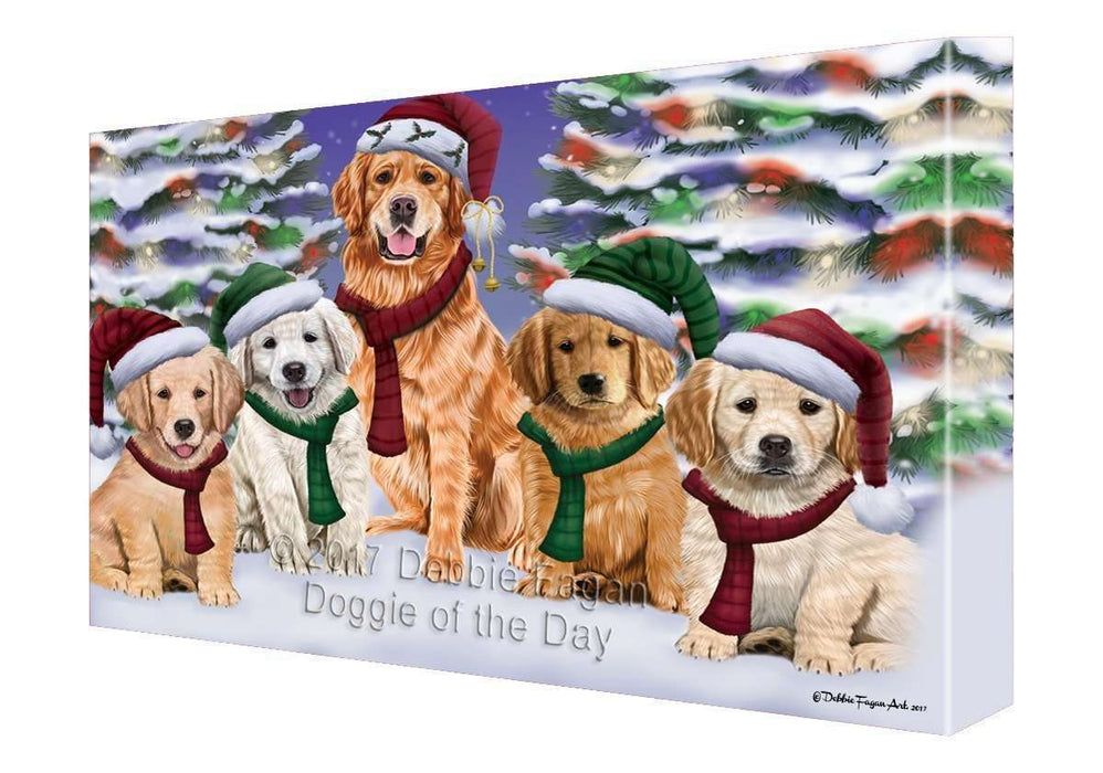 Golden Retrievers Dog Christmas Family Portrait in Holiday Scenic Background Canvas Wall Art