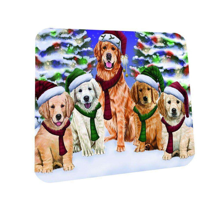 Golden Retrievers Dog Christmas Family Portrait in Holiday Scenic Background Coasters Set of 4