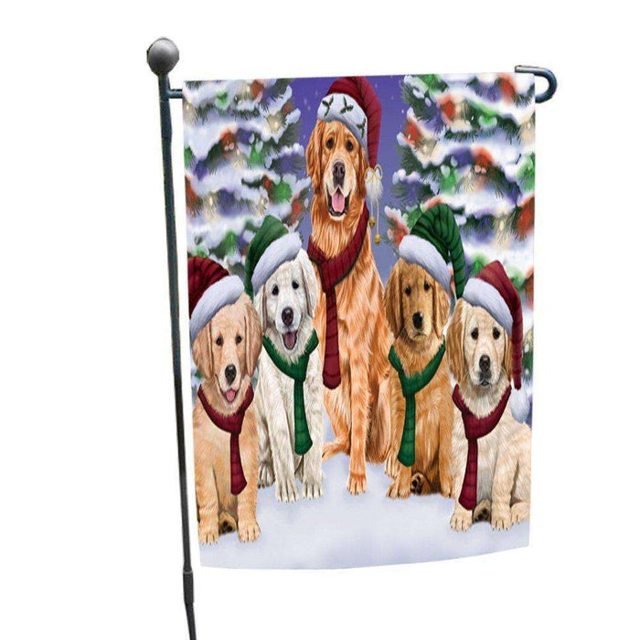 Golden Retrievers Dog Christmas Family Portrait in Holiday Scenic Background Garden Flag