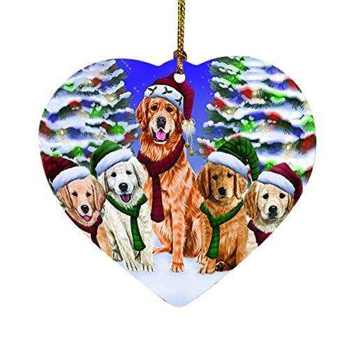 Golden Retrievers Dog Christmas Family Portrait in Holiday Scenic Background Heart Ornament D142