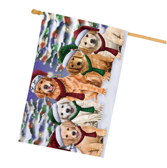 Golden Retrievers Dog Christmas Family Portrait in Holiday Scenic Background House Flag