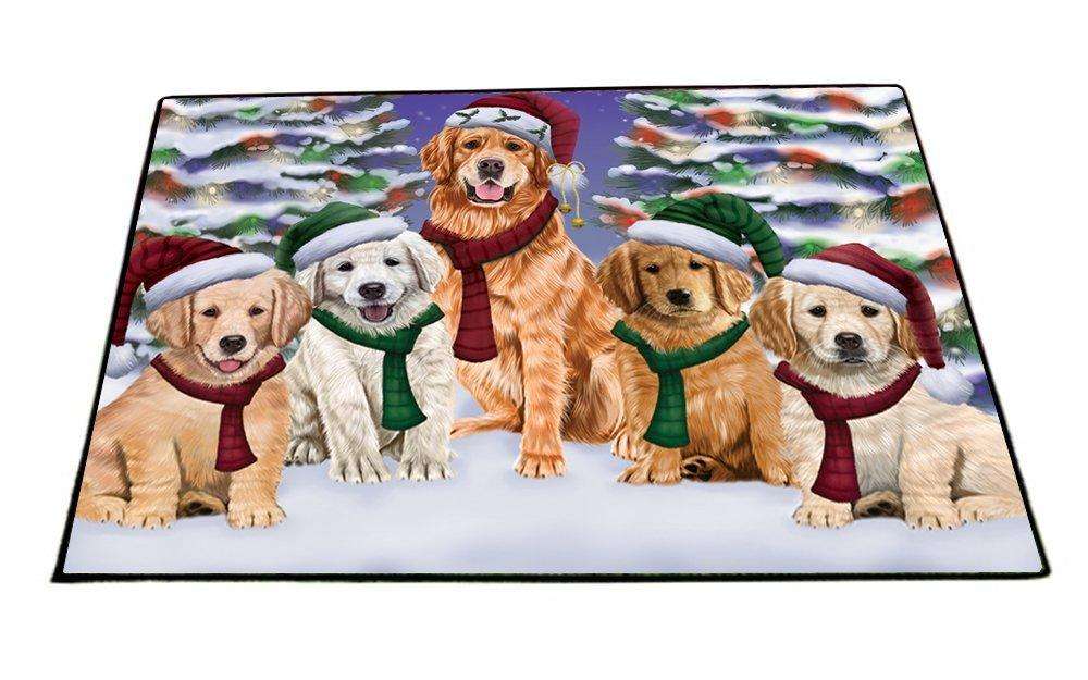 Golden Retrievers Dog Christmas Family Portrait in Holiday Scenic Background Indoor/Outdoor Floormat