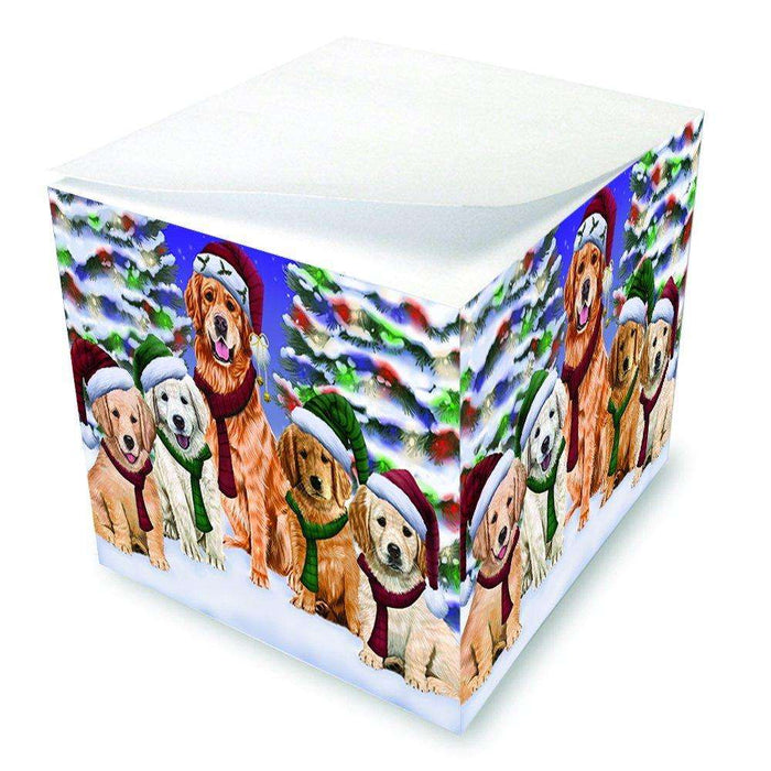 Golden Retrievers Dog Christmas Family Portrait in Holiday Scenic Background Note Cube D162