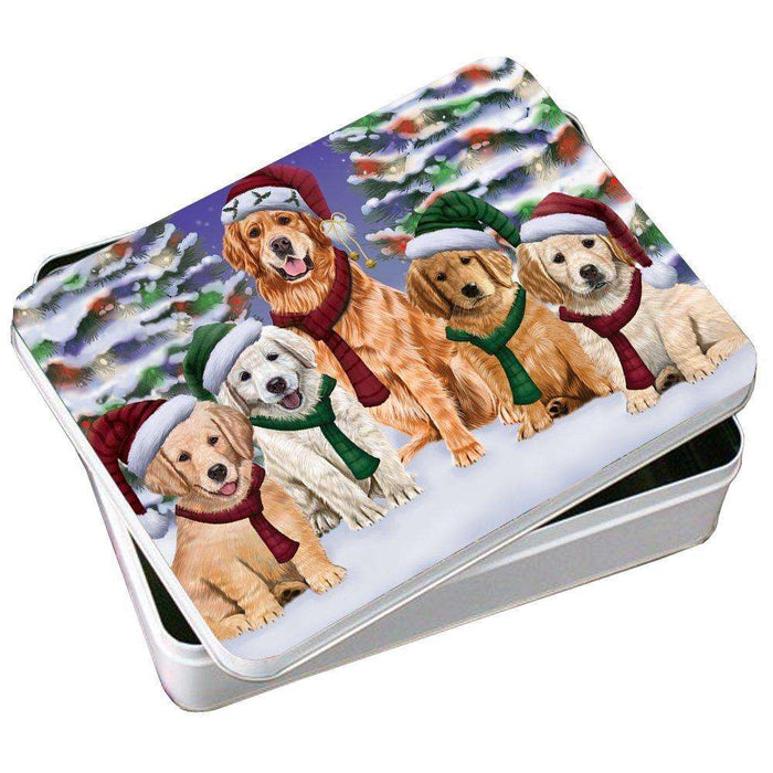 Golden Retrievers Dog Christmas Family Portrait in Holiday Scenic Background Photo Storage Tin