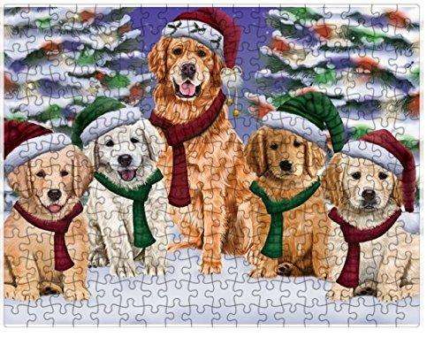 Golden Retrievers Dog Christmas Family Portrait in Holiday Scenic Background Puzzle