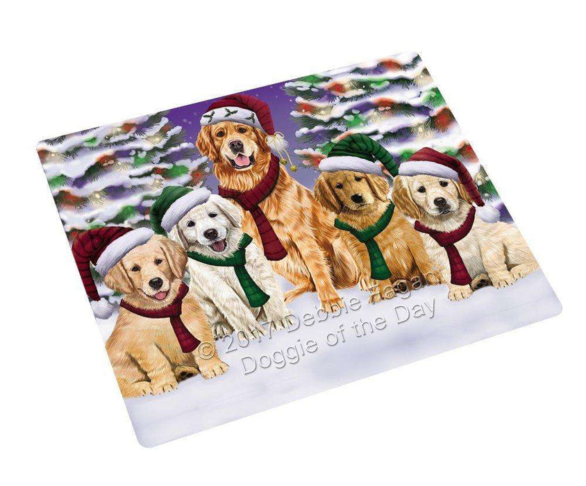 Golden Retrievers Dog Christmas Family Portrait in Holiday Scenic Background Refrigerator / Dishwasher Magnet