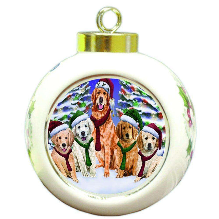 Golden Retrievers Dog Christmas Family Portrait in Holiday Scenic Background Round Ball Ornament D142