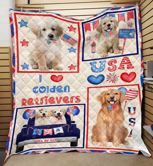 4th of July Independence Day I Love USA Goldendoodle Dogs Quilt Bed Coverlet Bedspread - Pets Comforter Unique One-side Animal Printing - Soft Lightweight Durable Washable Polyester Quilt