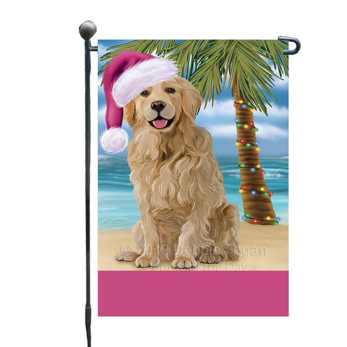 Personalized Summertime Happy Holidays Christmas Golden Retriever Dog on Tropical Island Beach  Custom Garden Flags GFLG-DOTD-A60481