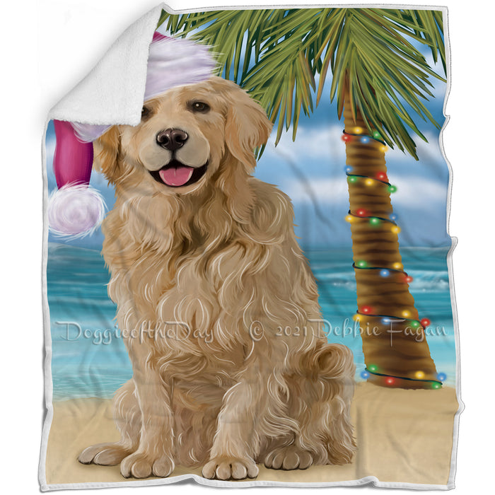 Summertime Happy Holidays Christmas Golden Retriever Dog on Tropical Island Beach Blanket D129
