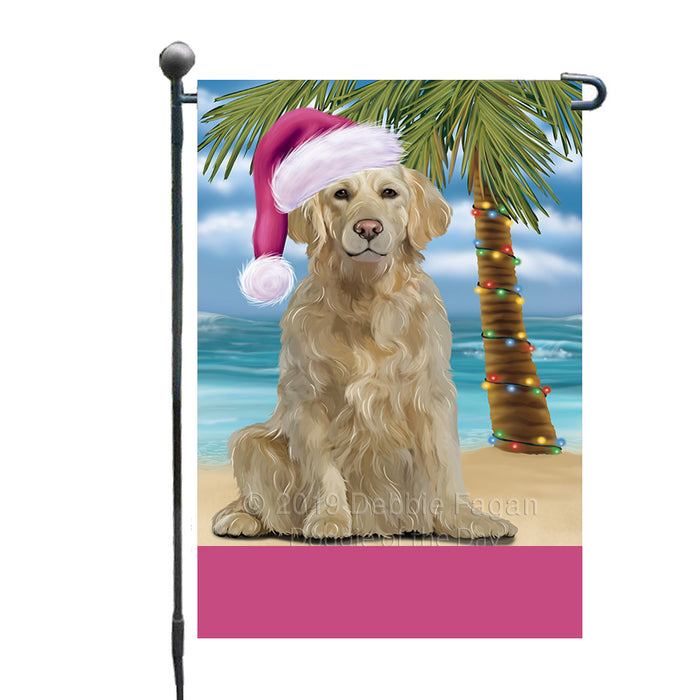 Personalized Summertime Happy Holidays Christmas Golden Retriever Dog on Tropical Island Beach  Custom Garden Flags GFLG-DOTD-A60482