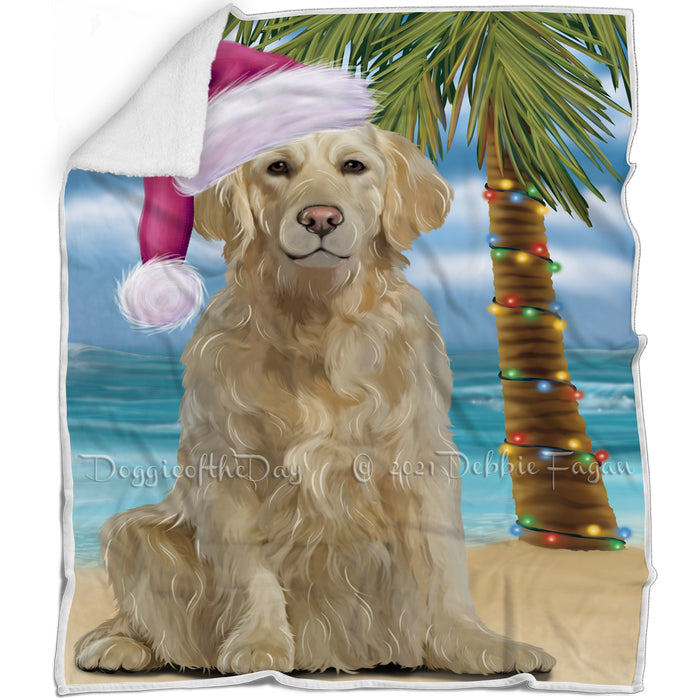 Summertime Happy Holidays Christmas Golden Retriever Dog on Tropical Island Beach Blanket D130