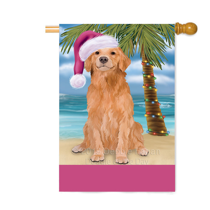 Personalized Summertime Happy Holidays Christmas Golden Retriever Dog on Tropical Island Beach Custom House Flag FLG-DOTD-A60539