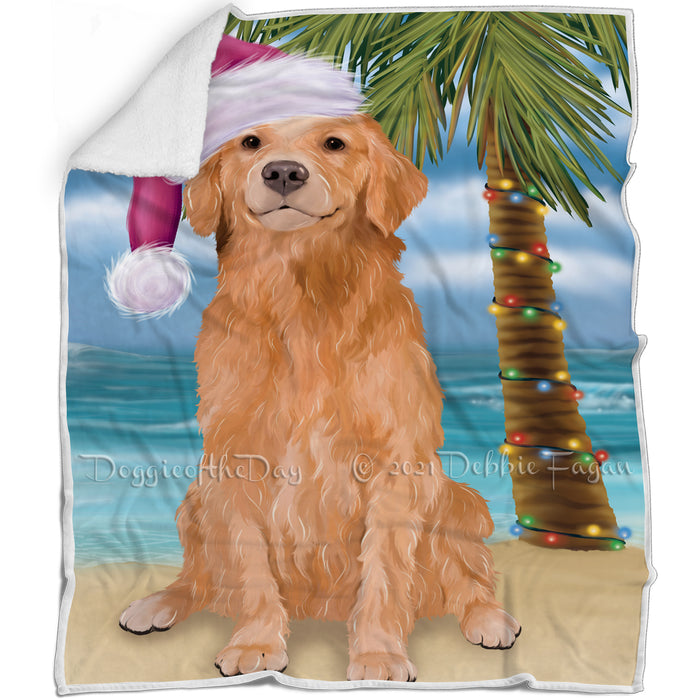 Summertime Happy Holidays Christmas Golden Retriever Dog on Tropical Island Beach Blanket D174