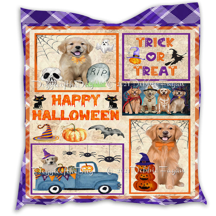 Happy Halloween Trick or Treat Pumpkin Golden Retriever Dogs Lightweight Soft Bedspread Coverlet Bedding Quilt QUILT60906