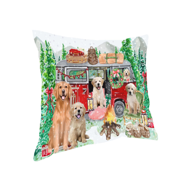 Christmas Time Camping with Golden Retriever Dogs Pillow with Top Quality High-Resolution Images - Ultra Soft Pet Pillows for Sleeping - Reversible & Comfort - Ideal Gift for Dog Lover - Cushion for Sofa Couch Bed - 100% Polyester