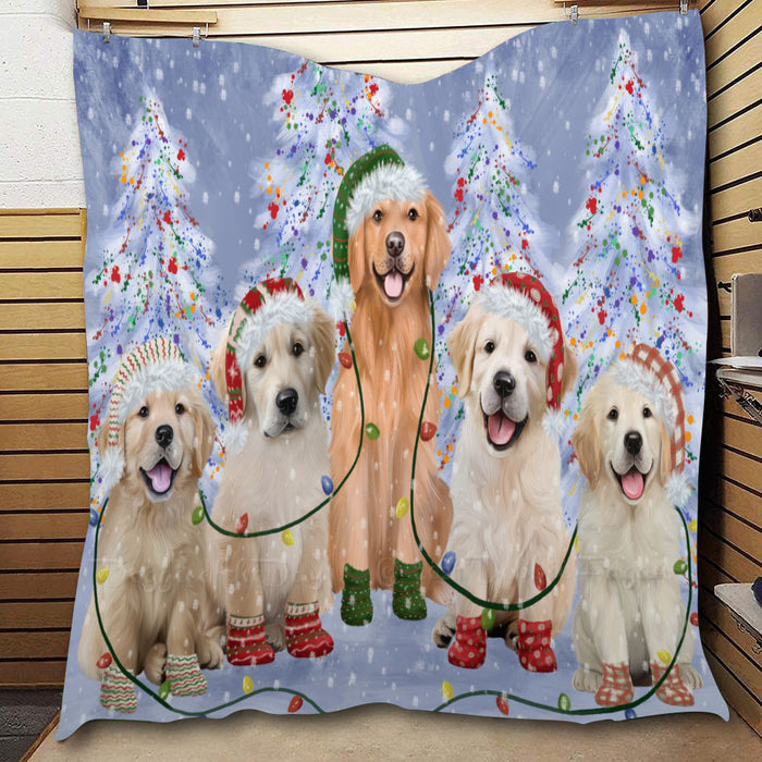 Christmas Lights and Golden Retriever Dogs  Quilt Bed Coverlet Bedspread - Pets Comforter Unique One-side Animal Printing - Soft Lightweight Durable Washable Polyester Quilt