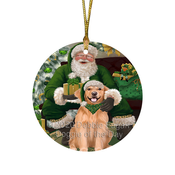 Christmas Irish Santa with Gift and Golden Retriever Dog Round Flat Christmas Ornament RFPOR57928