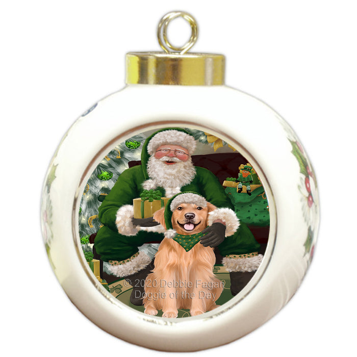 Christmas Irish Santa with Gift and Golden Retriever Dog Round Ball Christmas Ornament RBPOR57928
