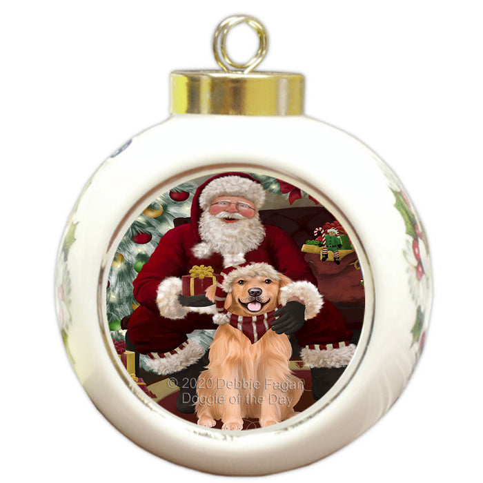 Santa's Christmas Surprise Golden Retriever Dog Round Ball Christmas Ornament RBPOR58026