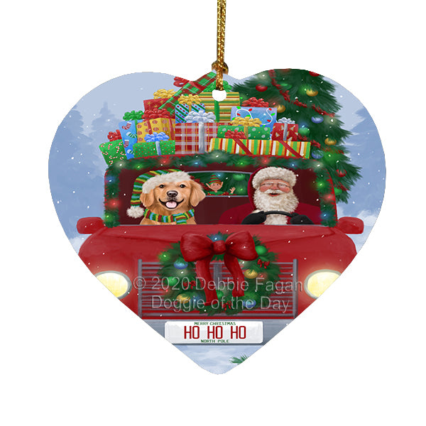Christmas Honk Honk Red Truck Here Comes with Santa and Golden Retriever Dog Heart Christmas Ornament RFPOR58172