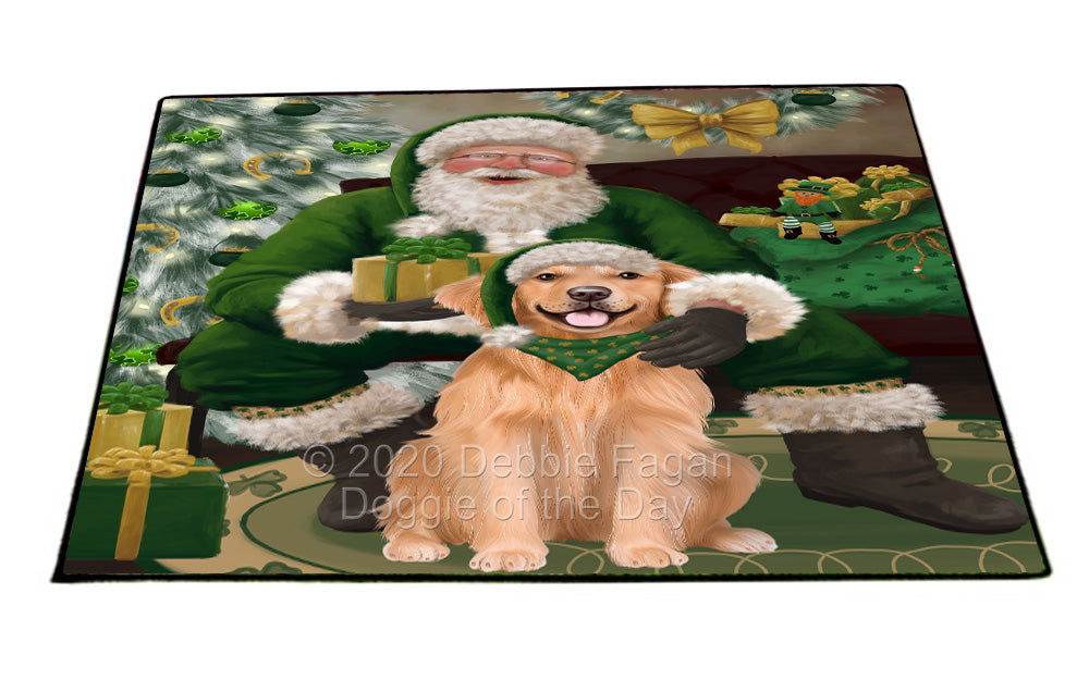 Christmas Irish Santa with Gift and Golden Retriever Dog Indoor/Outdoor Welcome Floormat - Premium Quality Washable Anti-Slip Doormat Rug FLMS57157