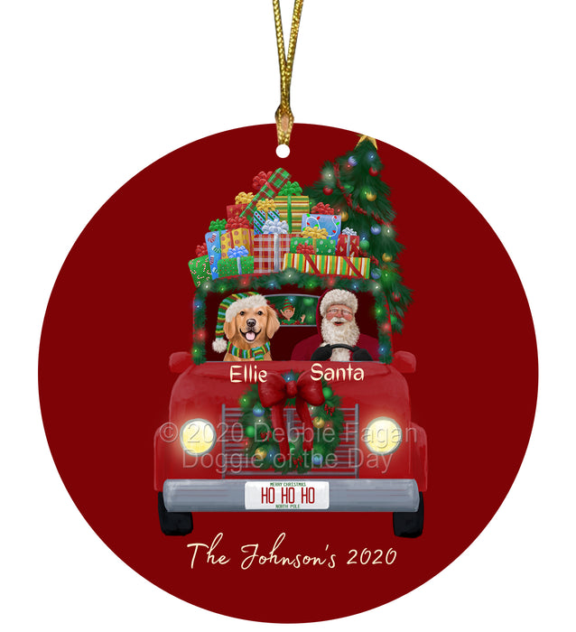 Personalized Christmas Honk Honk Red Truck Here Comes with Santa and Golden Retriever Dog Round Flat Ornament PRBPOR59078