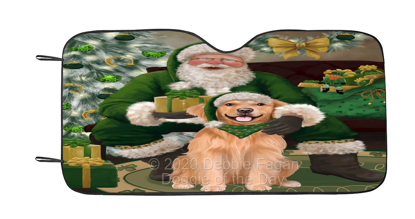 Christmas Irish Santa with Gift and Golden Retriever Dog Car Sun Shade Cover Curtain