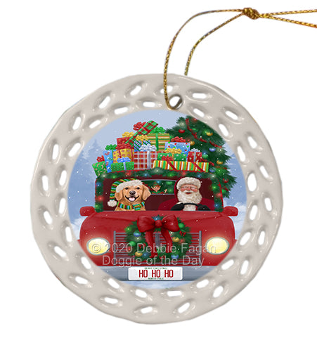 Christmas Honk Honk Red Truck with Santa and Golden Retriever Dog Doily Ornament DPOR59349