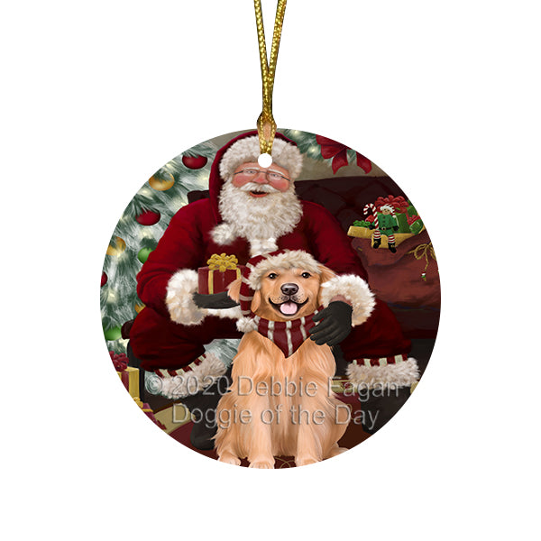 Santa's Christmas Surprise Golden Retriever Dog Round Flat Christmas Ornament RFPOR58026