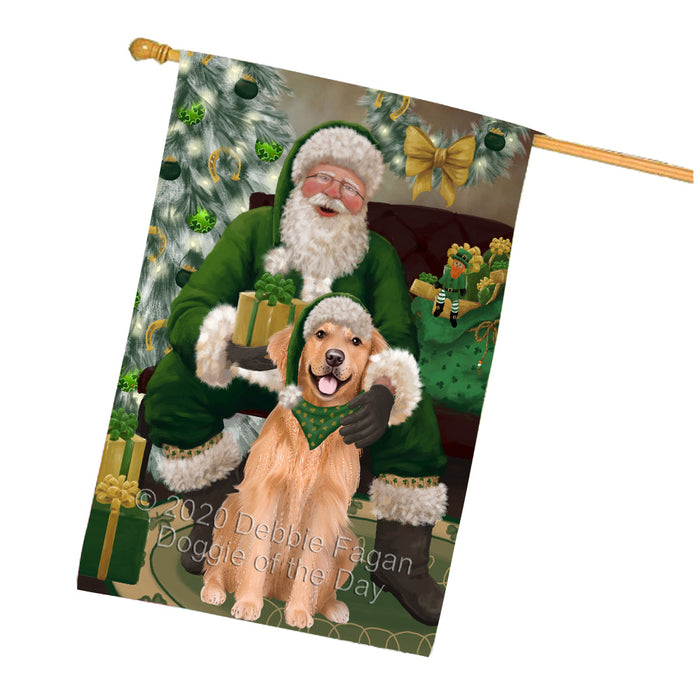 Christmas Irish Santa with Gift and Golden Retriever Dog House Flag FLG66700