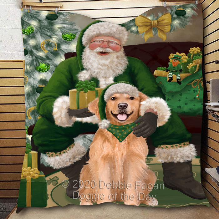 Christmas Irish Santa with Gift and Golden Retriever Dog Quilt Bed Coverlet Bedspread - Pets Comforter Unique One-side Animal Printing - Soft Lightweight Durable Washable Polyester Quilt