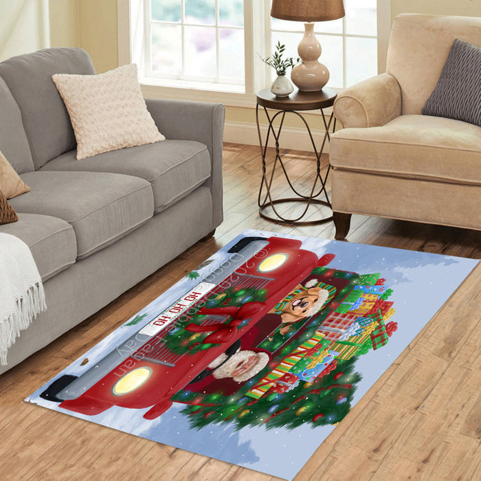 Christmas Honk Honk Red Truck Here Comes with Santa and Golden Retriever Dog Polyester Area Rug ARUG63471
