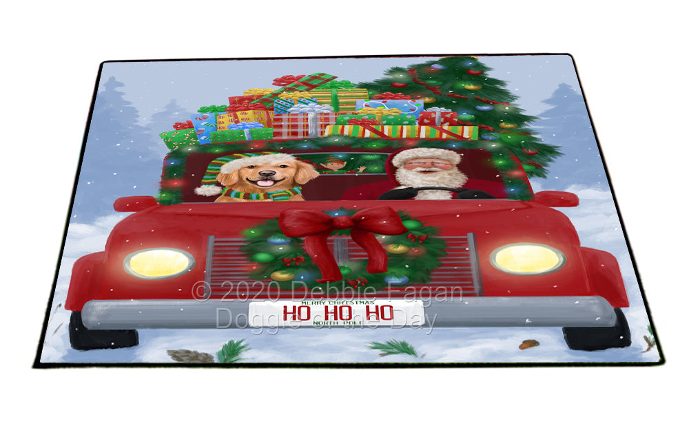 Christmas Honk Honk Red Truck Here Comes with Santa and Golden Retriever Dog Indoor/Outdoor Welcome Floormat - Premium Quality Washable Anti-Slip Doormat Rug FLMS56863