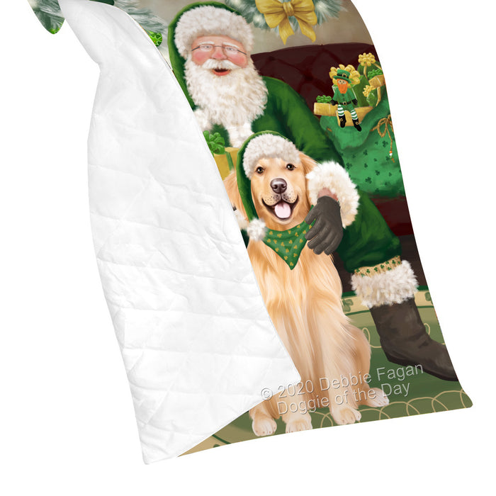 Christmas Irish Santa with Gift and Golden Retriever Dog Quilt Bed Coverlet Bedspread - Pets Comforter Unique One-side Animal Printing - Soft Lightweight Durable Washable Polyester Quilt