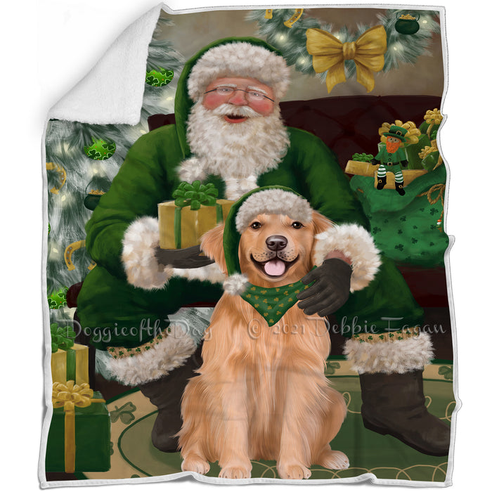 Christmas Irish Santa with Gift and Golden Retriever Dog Blanket BLNKT141348
