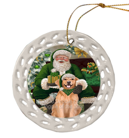 Christmas Irish Santa with Gift and Golden Retriever Dog Doily Ornament DPOR59490