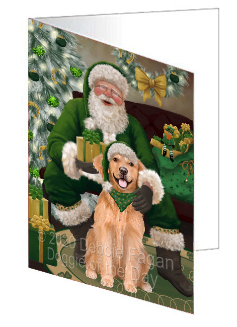 Christmas Irish Santa with Gift and Golden Retriever Dog Handmade Artwork Assorted Pets Greeting Cards and Note Cards with Envelopes for All Occasions and Holiday Seasons GCD75854