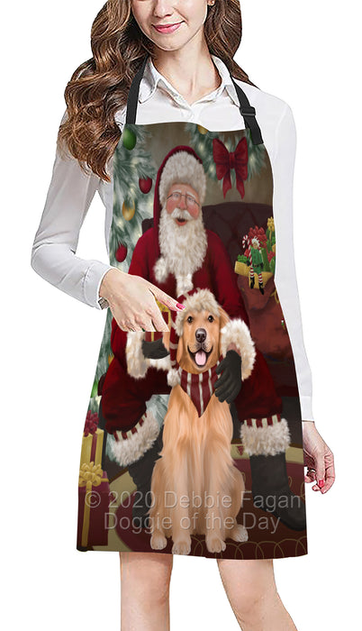 Santa's Christmas Surprise Golden Retriever Dog Apron - Adjustable Long Neck Bib for Adults - Waterproof Polyester Fabric With 2 Pockets - Chef Apron for Cooking, Dish Washing, Gardening, and Pet Grooming