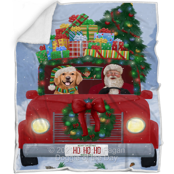 Christmas Honk Honk Red Truck Here Comes with Santa and Golden Retriever Dog Blanket BLNKT140858