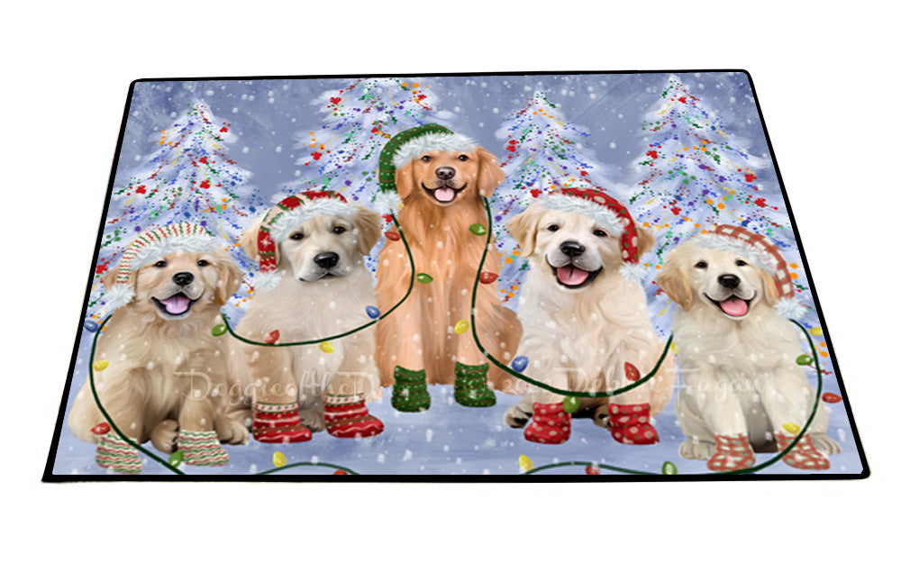 Christmas Lights and Golden Retriever Dogs Floor Mat- Anti-Slip Pet Door Mat Indoor Outdoor Front Rug Mats for Home Outside Entrance Pets Portrait Unique Rug Washable Premium Quality Mat