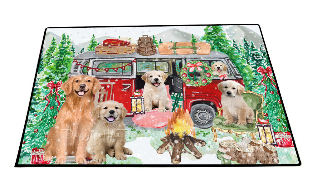 Christmas Time Camping with Golden Retriever Dogs Floor Mat- Anti-Slip Pet Door Mat Indoor Outdoor Front Rug Mats for Home Outside Entrance Pets Portrait Unique Rug Washable Premium Quality Mat