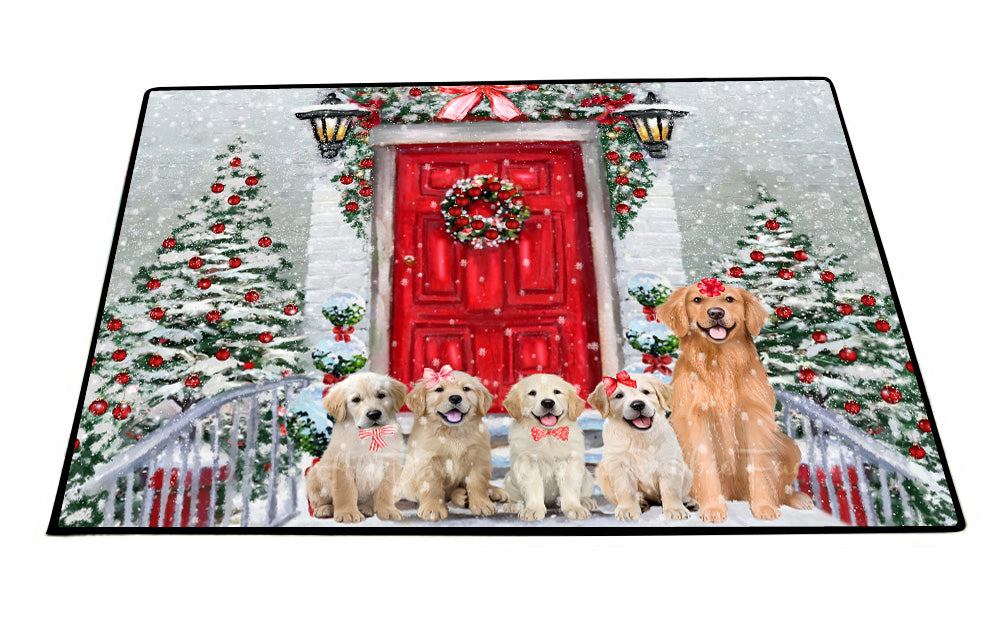 Christmas Holiday Welcome Golden Retriever Dogs Floor Mat- Anti-Slip Pet Door Mat Indoor Outdoor Front Rug Mats for Home Outside Entrance Pets Portrait Unique Rug Washable Premium Quality Mat
