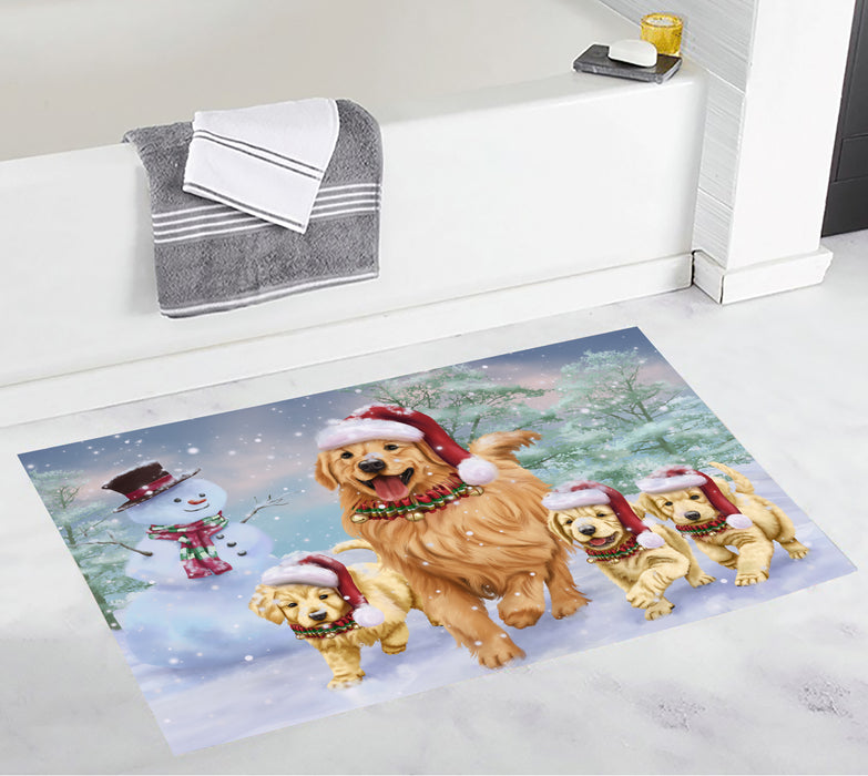 Christmas Running Fammily Golden Retriever Dogs Bath Mat