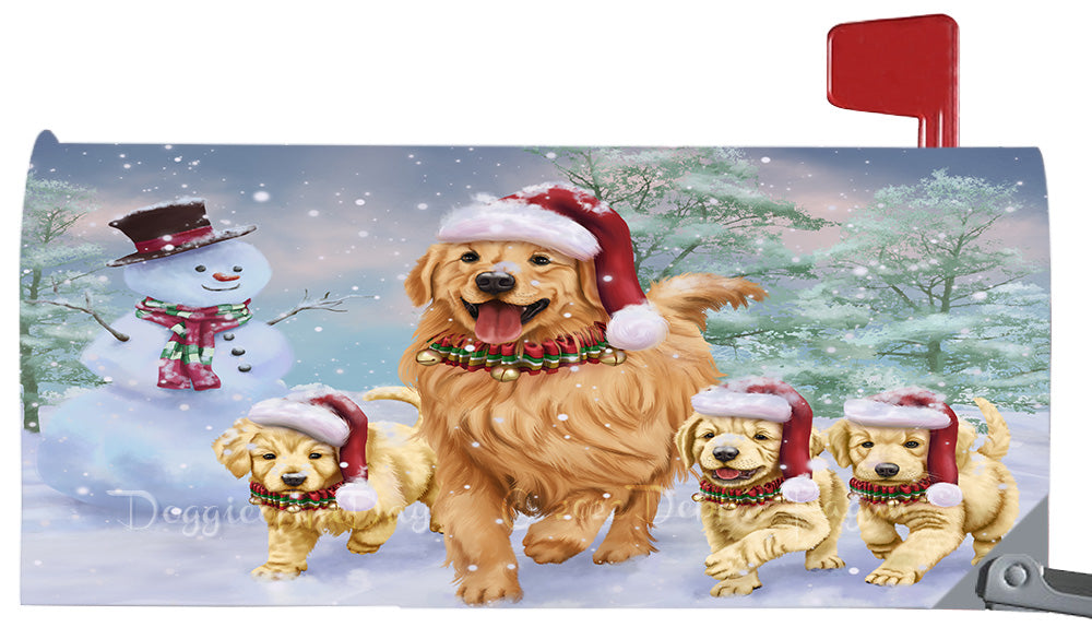 Christmas Running Family Golden Retriever Magnetic Mailbox Cover Both Sides Pet Theme Printed Decorative Letter Box Wrap Case Postbox Thick Magnetic Vinyl Material